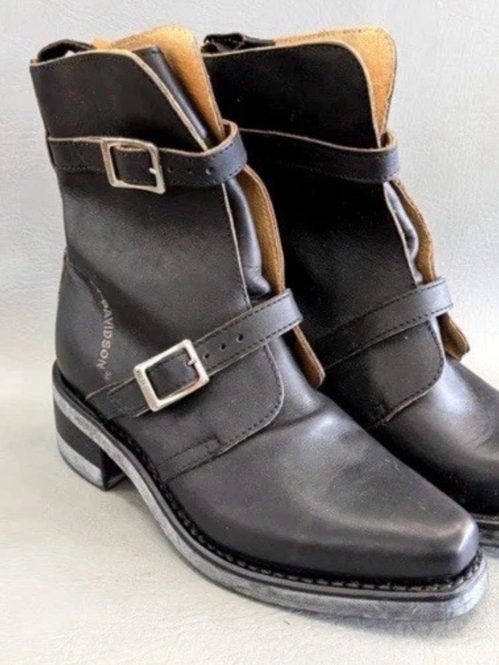 Harley Davidson Vintage Black Leather Buckle Ankle Boots - Made in Italy